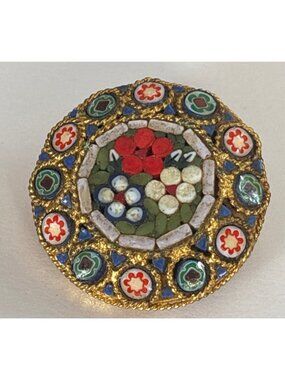 Vintage Micro Mosaic Brooch Floral Pin | Italy | Round | Red, Blue, White, Gold
